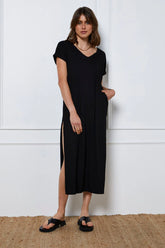 Black Maxi Dress Short Sleeve V Neck