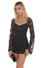Lace Ruched Long Sleeve Dress in Black