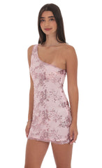 Floral Sequin One Shoulder Dress in Pink