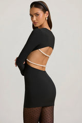 Pearl-Detail Cut-Out Mini Dress in Black