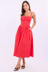 Red Midi Dress Lace Trim Corset Detail Poplin