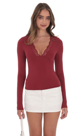 Lace V-Neck Top in Maroon