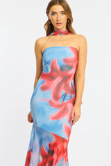 Blue Floral Strapless Maxi Dress