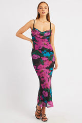 Pink Floral Bodycon Dress Singlet Cowl Neck Maxi