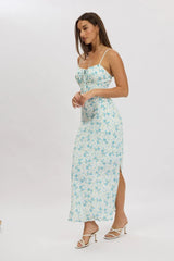 Blue Floral Midi Dress Gathering Bust Sleeveless