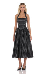 Black Polka Dot Halter Midi Dress