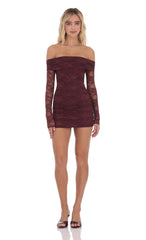 Off-the-Shoulder Long-Sleeve Lace Dress in Burgundy