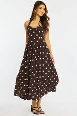 Brown Polka Dot Maxi Dress Halter Neck