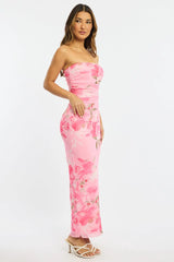 Pink Floral Strapless Maxi Dress