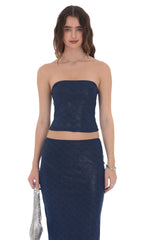 Strapless Foiled Lace Two Piece Set in Navy