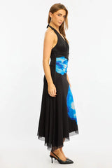 Blue Floral Halter Neck Midi Dress