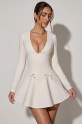 Bow-Detail Plunge-Neck A-Line Mini Dress in Ivory