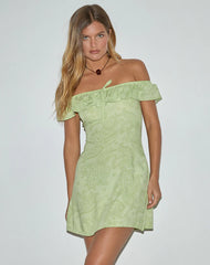 Kenja Bardot Mini Dress in Retro Paisley Lime