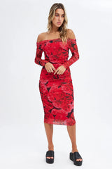 Red Floral Midi Dress Bardot Off Shoulder Bodycon Ruched