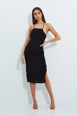 BLACK Designer Linen Look Racer Neck Midi Dress