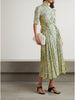 Embellished gathered pleated floral-print crepe turtleneck midi dress