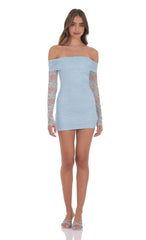 Off Shoulder Long Sleeve Lace Dress in Light Blue