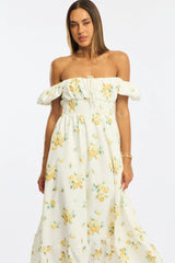 Yellow Floral Maxi Dress Puff Sleeve