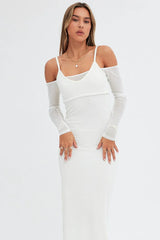 White Maxi Dress Long Sleeve Cold Shoulder Mesh Textured