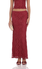 Gold Thread Lace Maxi Skirt in Wine Red