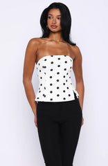 More Power Strapless Denim Top White/Black Polka Dot