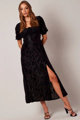 Black Midi Dress Short Sleeve Side Split