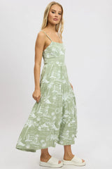 Green Abstract Maxi Dress Tiered Strappy