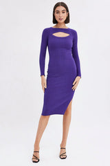 Purple Midi Dress Long Sleeve Round Neck Keyhole Rib Knit