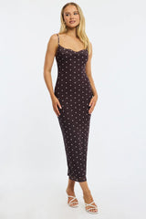 Brown Polka Dot Bodycon Dress Polka Dot Cowl Neck Maxi