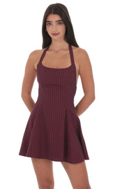 Pinstripe Halter Fit and Flare Dress in Burgundy