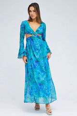 Blue Floral Maxi Dress Flared Sleeve Ring Detail Chiffon