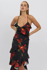 Black Floral Midi Dress Ruffle Detail