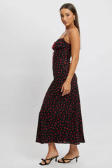 Black Ditsy Maxi Dress Lace Satin Tape