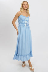 Blue Midi Dress Contrast Tie