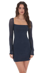 Rhinestone Long Sleeve Dress in Navy