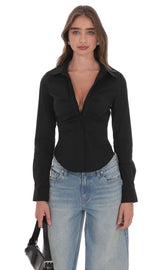 Ruched Button-Up Shirt in Black