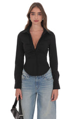 Ruched Button-Up Shirt in Black