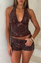 Wish I Didn't Care Beaded Shorts Chocolate