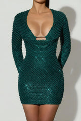 Embellished Cowl-Neck Mini Dress in Teal Green