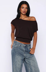 Can't Change My Mind Off Shoulder Cinched Top Chocolate