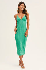 Green Slip Dress Midi Plisse Satin