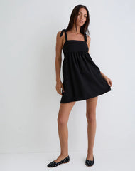 Kayla Square Neck Mini Dress in Linen Black