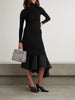 Asymmetric satin-trimmed ribbed-knit turtleneck midi dress