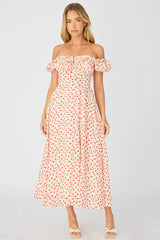 White Ditsy Midi Dress Puff Sleeve
