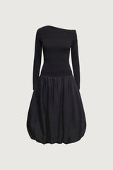 LONG SLEEVE OFF THE SHOULDER BUBBLE HEM MIDI DRESS