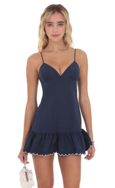 Scallop Ruffle Dress in Navy