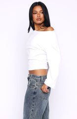 Falling For Him Cinched Waist Off Shoulder Long Sleeve Top White