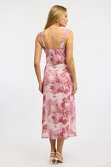 Pink Floral Midi Dress Gathered Bust Mesh