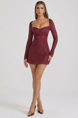 Embellished Sweetheart A-Line Mini Dress in Wine Red