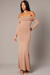 Brown Off Shoulder Dress Long Sleeve Maxi
